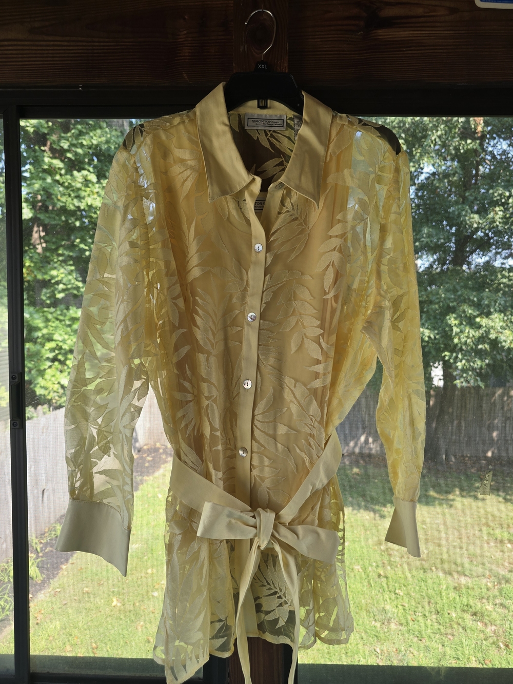 Yellow Sheer Leaf-Pattern Button Front Blouse - Lightweight Elegant Top